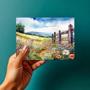 Fleurs le long de la clôture - Art numérique aquarelle de paysage - TÉLÉCHARGEMENT NUMÉRIQUE