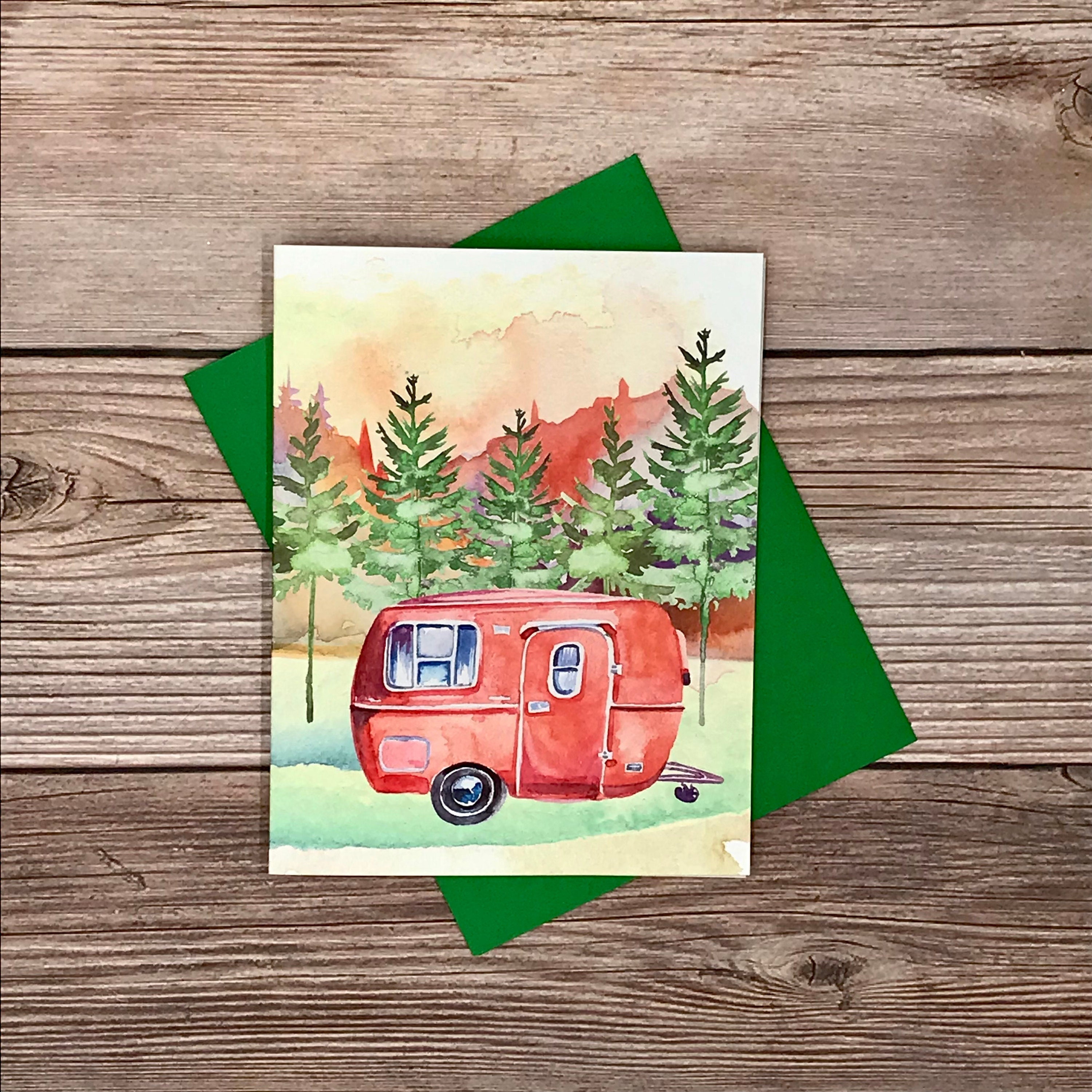 Watercolor vintage campers of the seasons (AUTUMN ONLY) - 12 note card gift pack, BLANK greeting, thank you, birthday, all occasion card