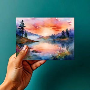 Sunrise Lake - Woodland Lake - Art numérique aquarelle de paysage - TÉLÉCHARGEMENT NUMÉRIQUE