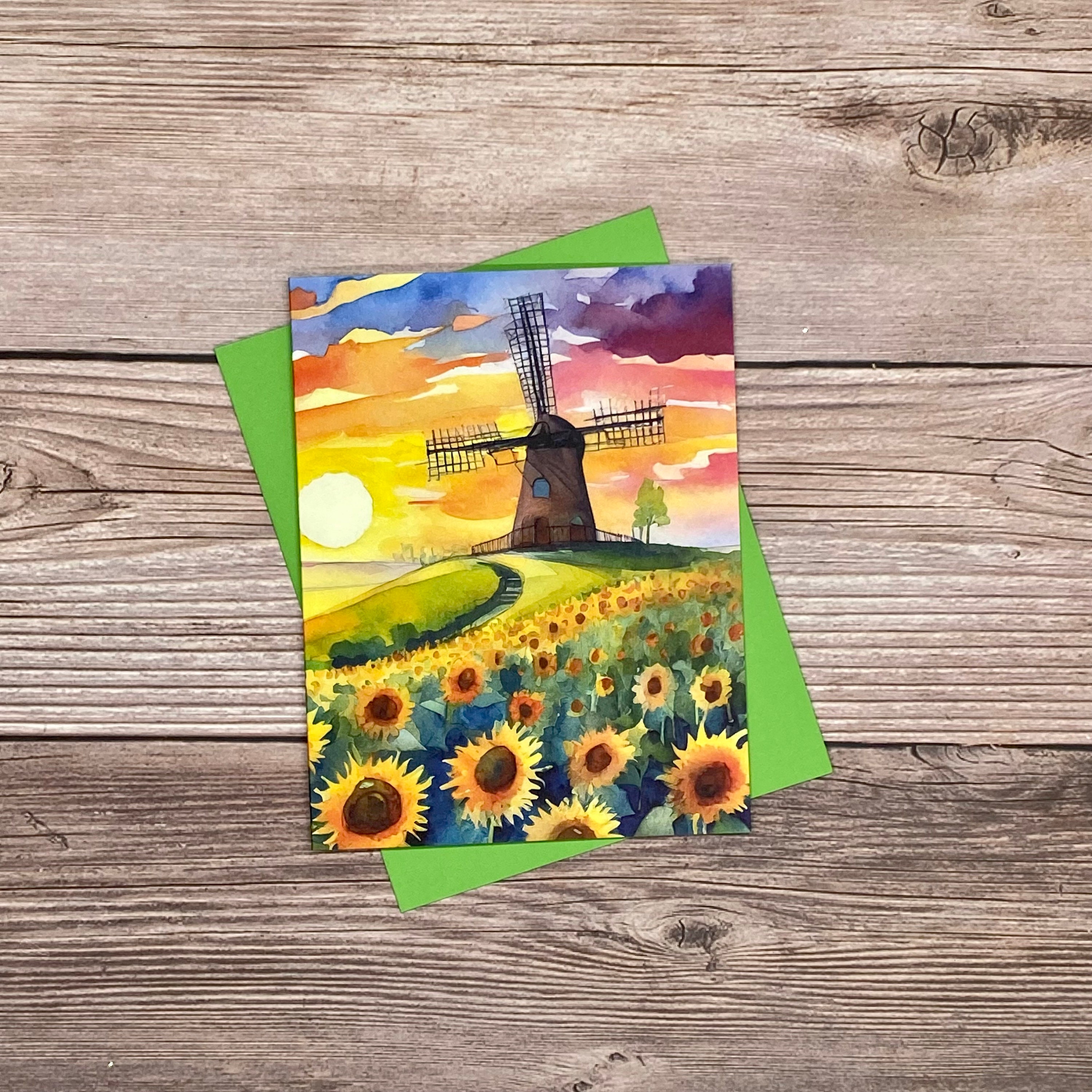 Watercolor Sunset Sunflower Field and Windmill -12 Card Gift Set - High ...