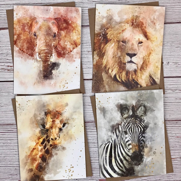 Watercolor Safari 4 variety notecards - 12 note card gift pack lion elephant zebra giraffe  quality blank greeting, thank you, birthday card