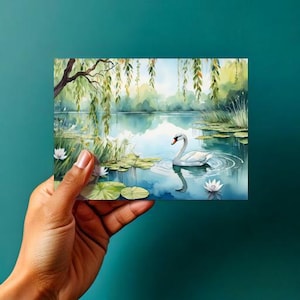 Cygne sur un lac - Woodland Lake - Art numérique aquarelle de paysage - TÉLÉCHARGEMENT NUMÉRIQUE