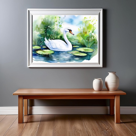 湖の上の白鳥 - 睡蓮の葉と湖 - 水彩デジタル風景画 - デジタル