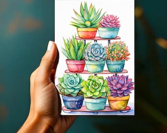 May include: A watercolor painting of a tiered plant stand with eight succulents in colorful pots. The succulents are arranged in a staggered pattern, with the largest at the bottom and the smallest at the top. The pots are painted in shades of pink, blue, green, yellow, and orange.
