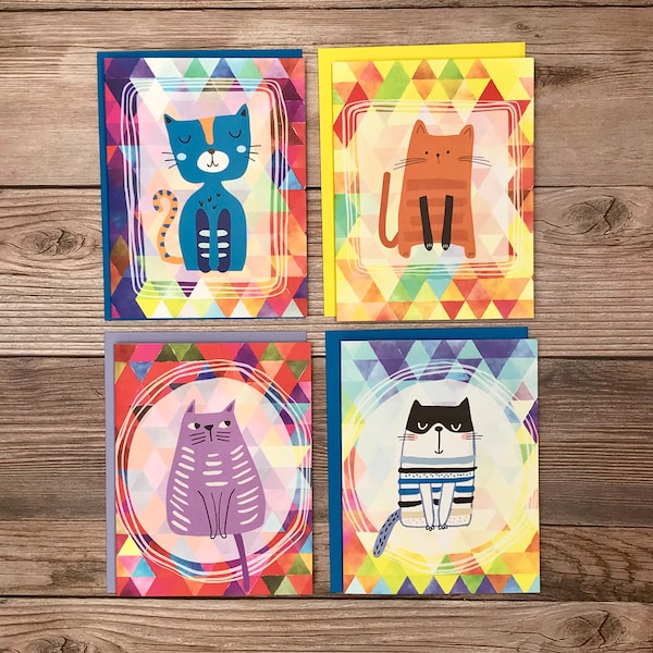 Cats - Colorful silly funny cats - 12 note card gift pack, heavy stock blank greeting card, thank you or birthday card, invitations