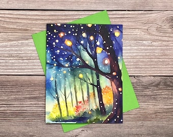 Watercolor Fireflies in the Forest -12 card gift set - high-end heavy stock greeting, thank you, birthday, all-occasion cards