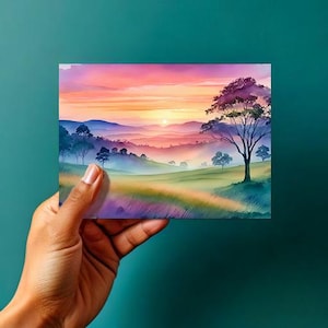 Misty Meadows - Foggy Sunrise - Art numérique aquarelle de paysage - TÉLÉCHARGEMENT NUMÉRIQUE