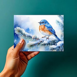 Merlebleu d'hiver - pin enneigé - aquarelle art numérique paysage - TÉLÉCHARGEMENT NUMÉRIQUE