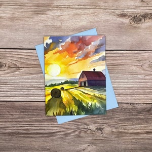 Watercolor Sunrise Barn and Hay Field Farm -12 card gift set - high-end heavy stock greeting, thank you, birthday, all-occasion cards