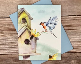 Watercolor Spring Birdhouse Bird Floral notecards - 12 note card gift pack - quality blank greeting, thank you, birthday card