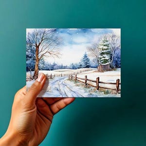Paisaje de granja invernal 1 - Arte paisajístico digital en acuarela - DESCARGA DIGITAL