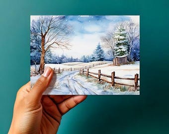 風景画 水彩 ハガキサイズ サイン入り 『雪のオベリスク』 田園の秋