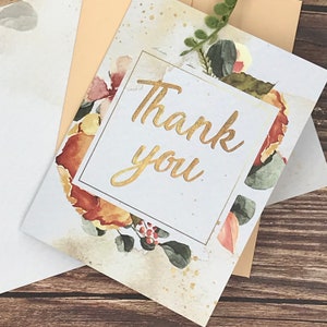 Watercolor style gold and floral Thank You cards - 12 note card pack, leaves flowers nature botanical for family, friends, and loved ones