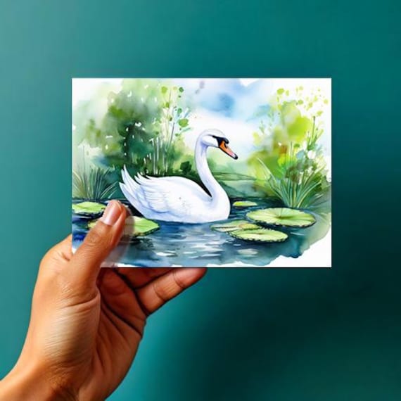 湖の上の白鳥 - 睡蓮の葉と湖 - 水彩デジタル風景画 - デジタル