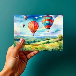 Montgolfières - Aquarelle art numérique paysage - TÉLÉCHARGEMENT NUMÉRIQUE