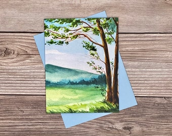 Watercolor Spring Hills and Tree Landscape - 12 card gift set - high-end heavy stock greeting, thank you, birthday, all-occasion cards