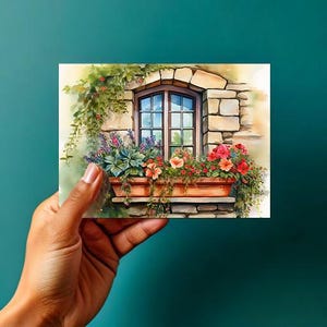 Jardinière aquarelle avec fleurs - oeuvre d'art numérique d'été - TÉLÉCHARGEMENT NUMÉRIQUE