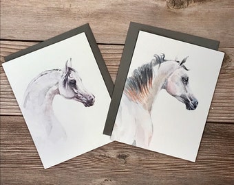 Watercolor Arabian Horses (2 designs) notecards - 12 note card gift pack, high-end luxury blank greeting card, thank you card, birthday card