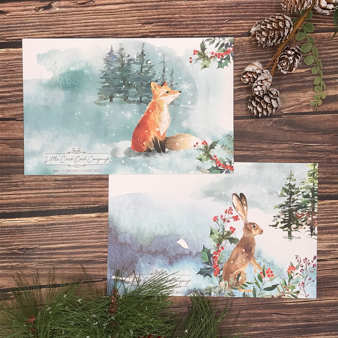 Fox and Hare Christmas Cards (12) Watercolor Winter Woodland Animals ...