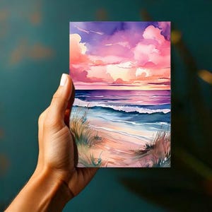Sunset Beach - Paysage océanique aquarelle numérique - TÉLÉCHARGEMENT NUMÉRIQUE