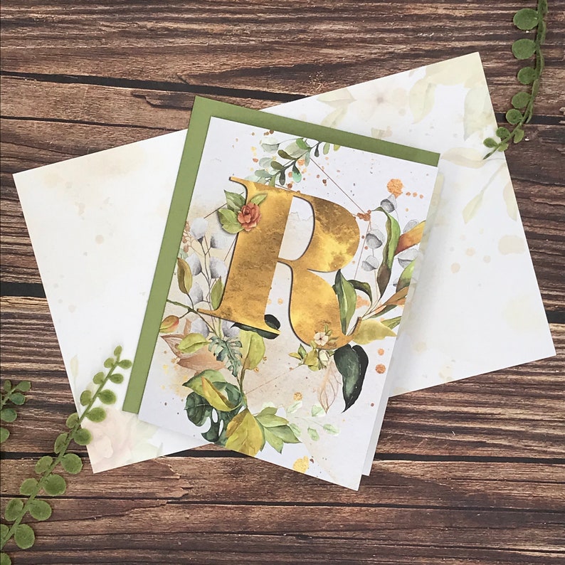 Note Cards Initial R Watercolor Monogram Gold/floral Letter