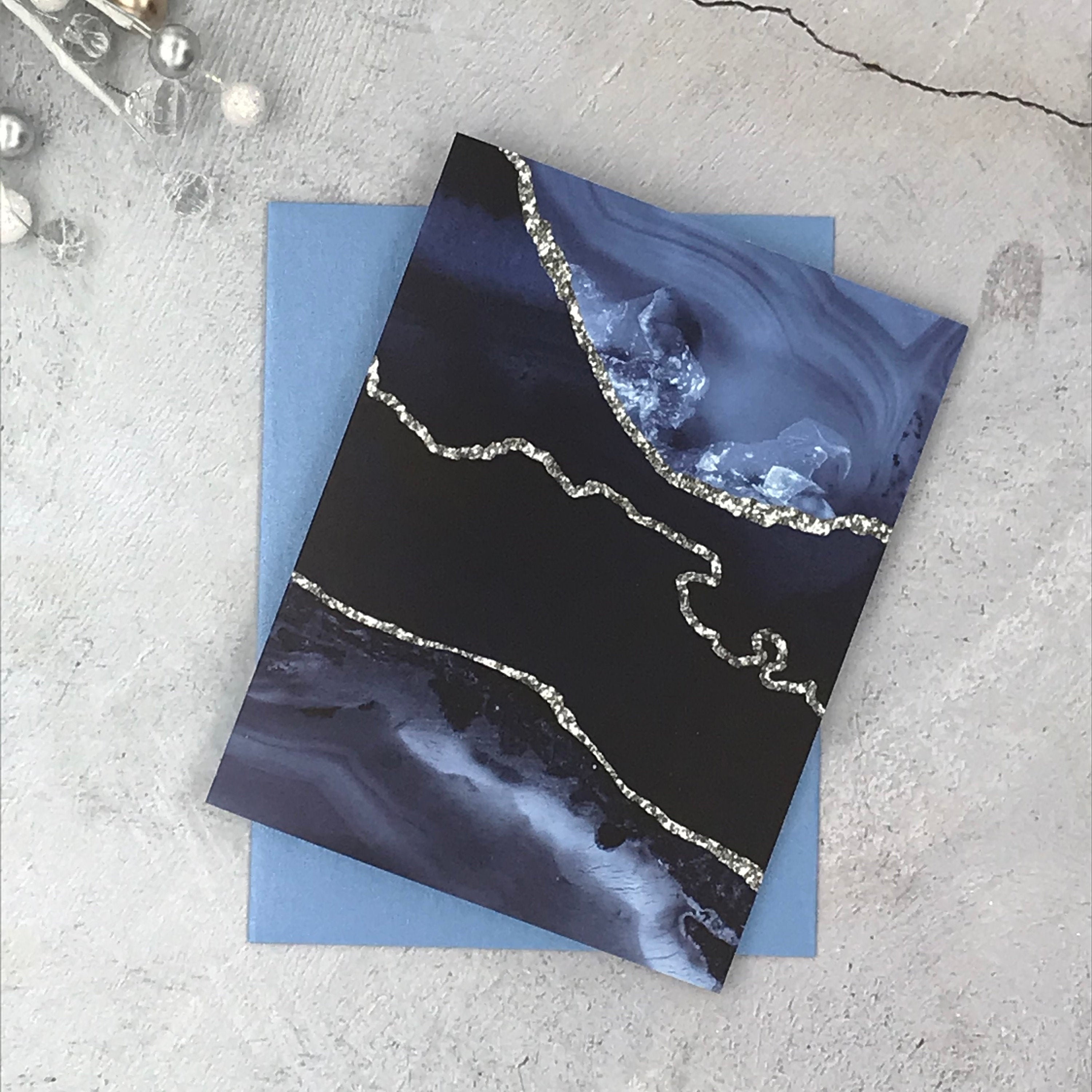 12 Note Cards Gift Set - Navy and Silver Agate Slice W/metallic ...