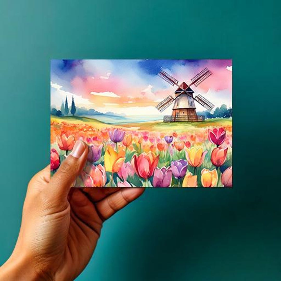 Watercolor Tulip Field With Windmill - Spring Landscape - DIGITAL ...