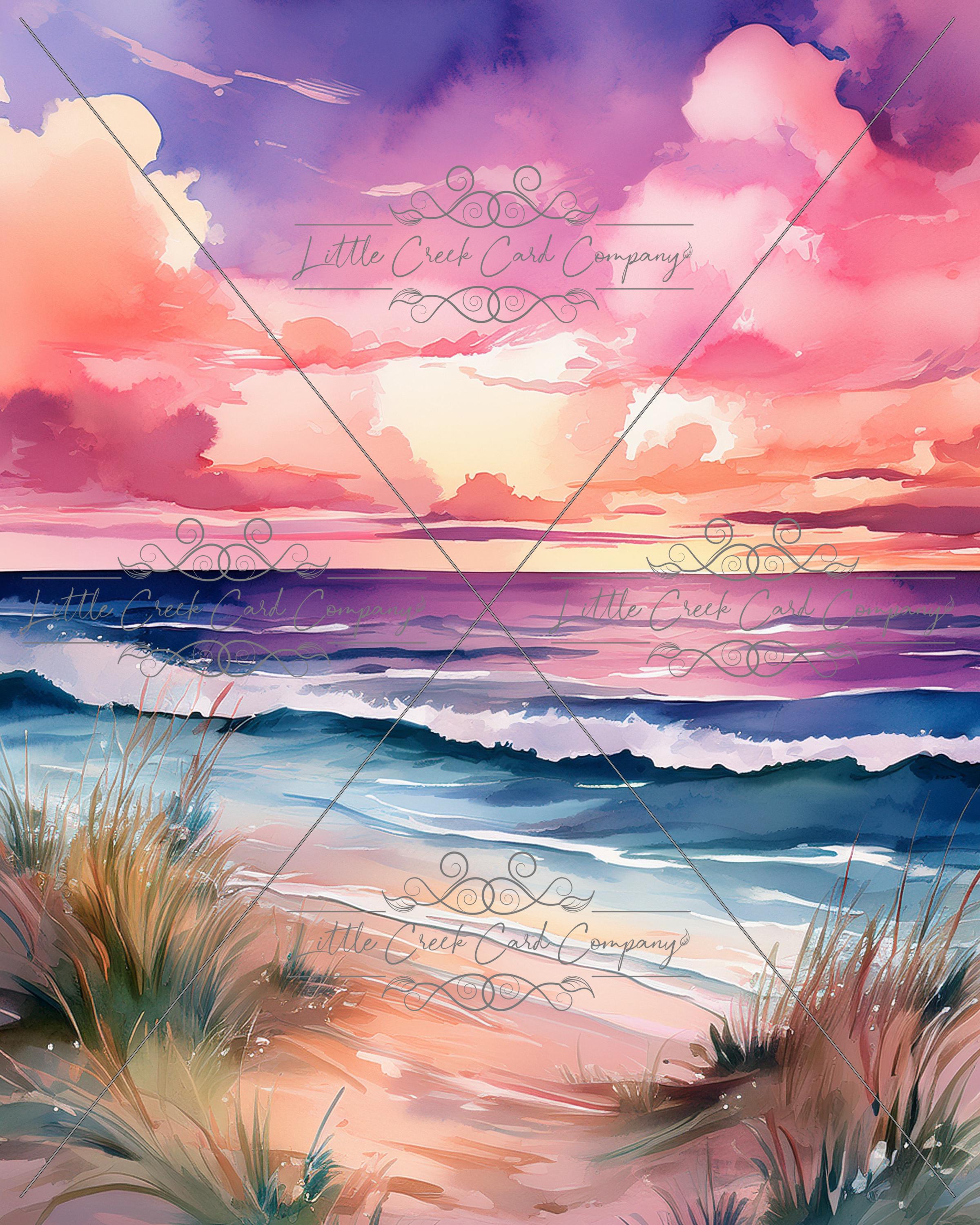 Sunset Beach　海の絵 サンセットビーチ - デジタル水彩画の海の風景 - デジタルダウンロード