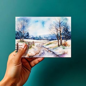 Paisaje de granja invernal 2 - Arte paisajístico digital en acuarela - DESCARGA DIGITAL