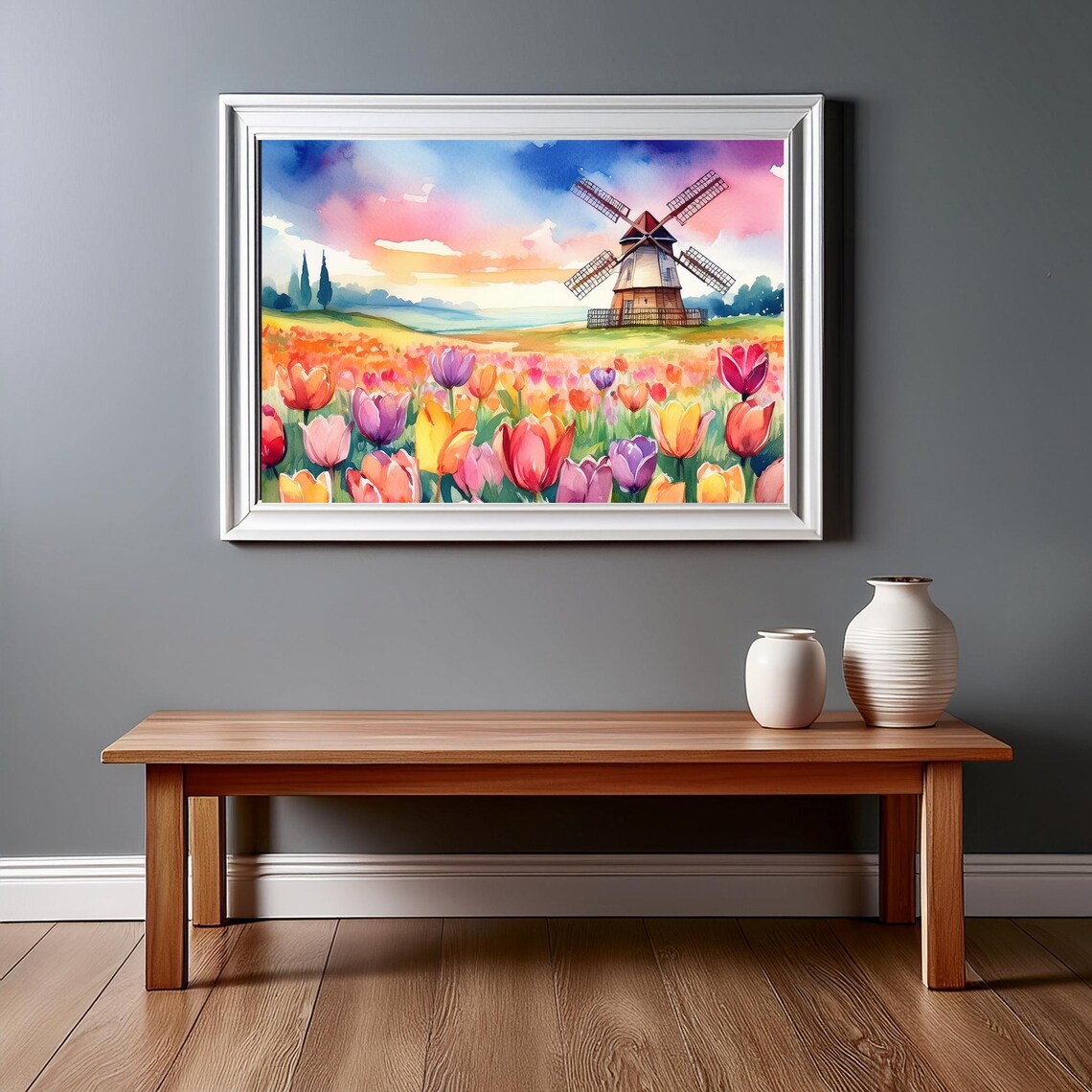 Watercolor Tulip Field With Windmill - Spring Landscape - DIGITAL ...