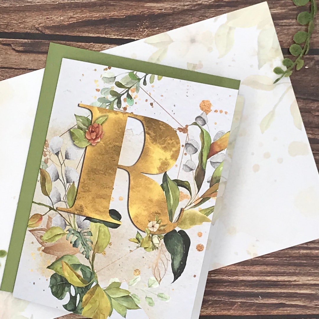 Note Cards Initial R Watercolor Monogram Gold/floral Letter