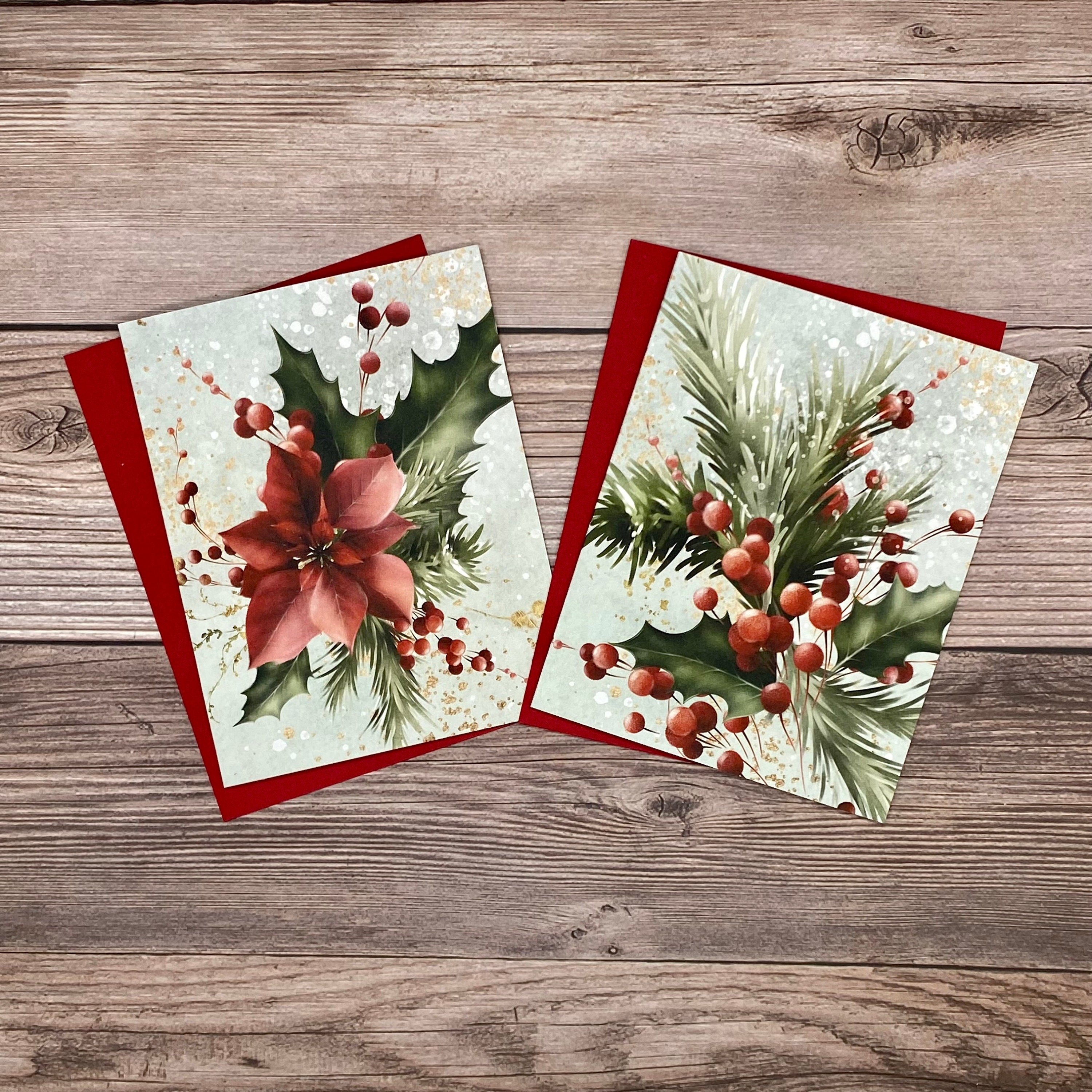 Poinsettia Evergreen Holly Christmas Cards (12) - Holiday Winter Berries and Greenery - Christmas note cards