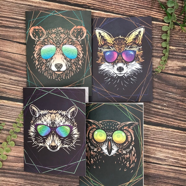 12 note cards gift set - Cool Woodland Animals fox, owl, bear, raccoon w/glasses - high-end blank greeting, thank you cards, birthday card