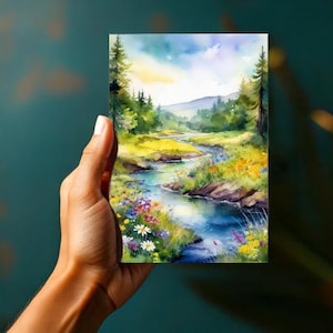 Ruisseau de montagne - montagne boisée et paysage de fleurs sauvages - oeuvre d'art d'été - téléchargement numérique