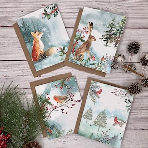 Winter Woodland Animals Christmas Cards (12) - Holiday watercolor animals - fox, hare, cardinal, robin - Christmas note cards