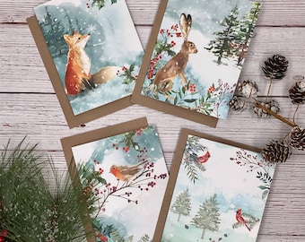 Winter Woodland Animals Christmas Cards (12) - Holiday watercolor animals - fox, hare, cardinal, robin - Christmas note cards