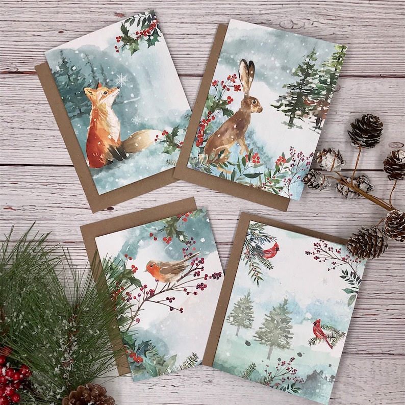 Winter Woodland Animals Christmas Cards (12) - Holiday watercolor animals - fox, hare, cardinal, robin - Christmas note cards 