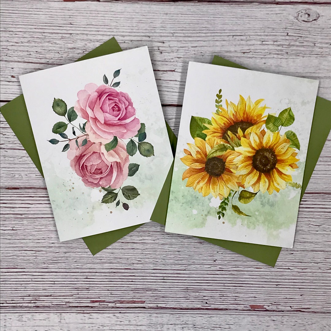 Watercolor Vintage Rose Sunflower Floral Notecards - 12 Note Card Gift ...