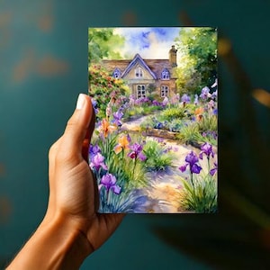 May include: Watercolor painting of a cottage with a garden path lined with purple and yellow iris flowers.