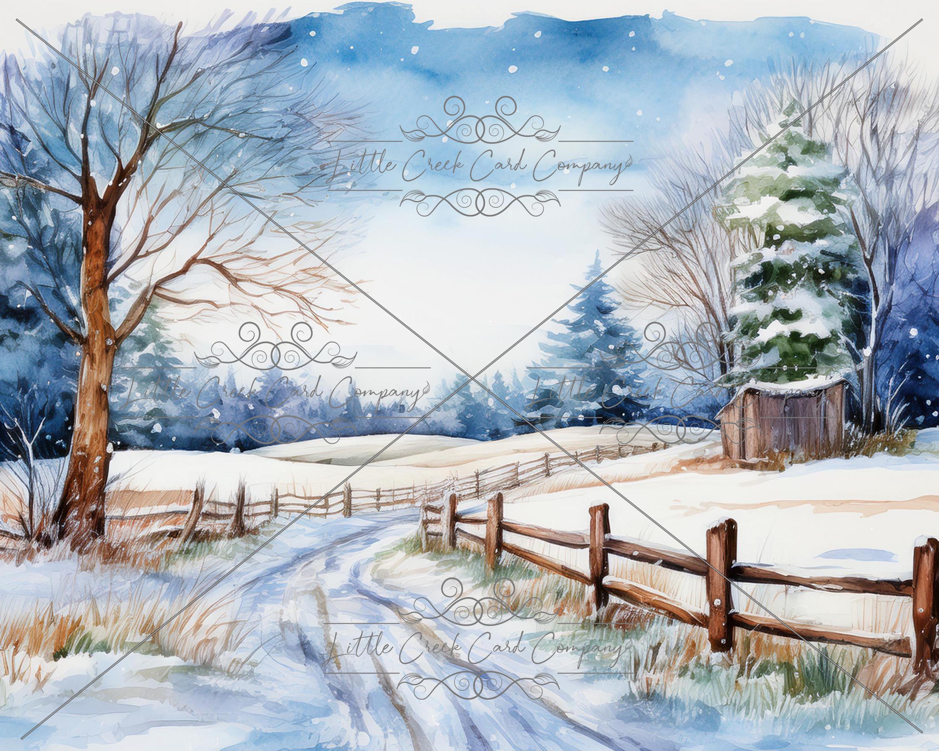 冬の農場の風景 1 - 水彩デジタル風景画 - デジタルダウンロード