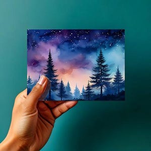 Árvores ao anoitecer - Cena noturna dramática de floresta - Arte digital de paisagem em aquarela - DOWNLOAD DIGITAL