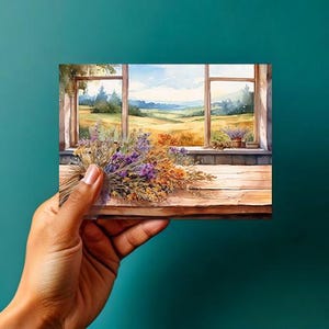 Fenêtre de chalet avec prairie et fleurs sauvages - Paysage d'été - TÉLÉCHARGEMENT NUMÉRIQUE