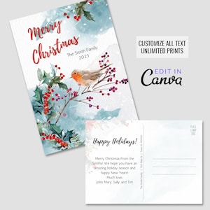 Modello di cartolina natalizia Winter Woodland Robin - Cartolina 5x7 con download digitale - Biglietti di auguri personalizzati modificabili