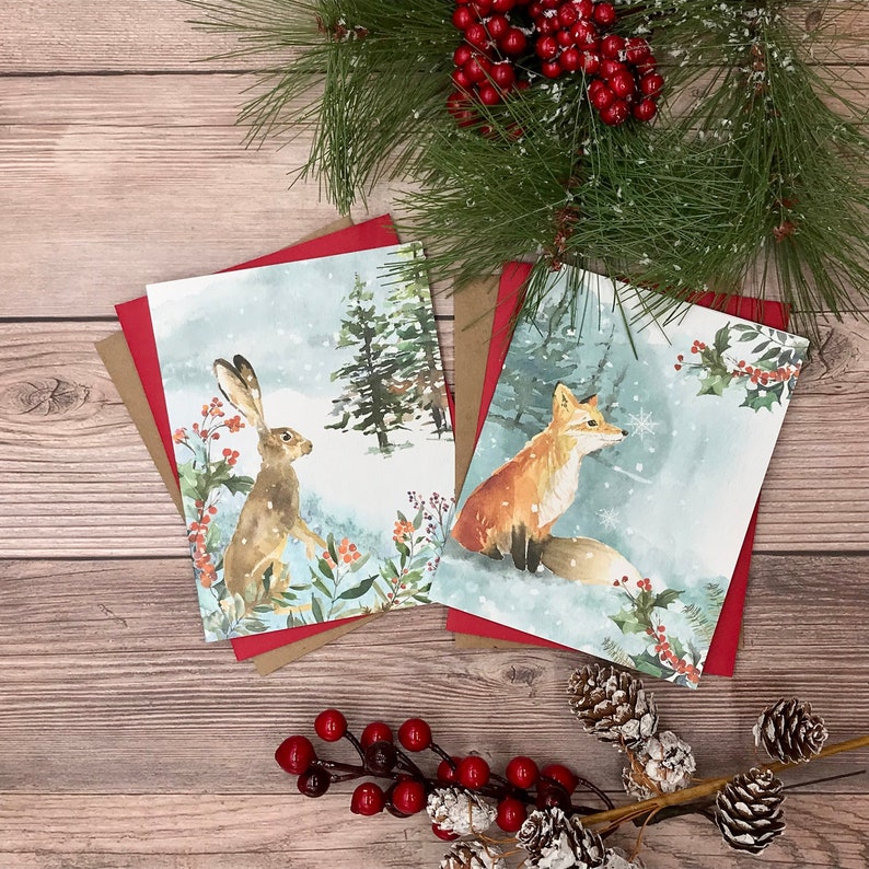 Fox and Hare Christmas Cards (12) watercolor winter woodland animals - blank heavy stock Christmas Holiday Winter cards 