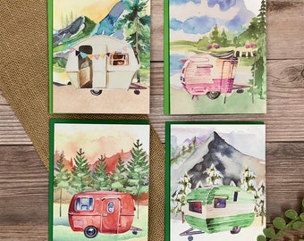 Watercolor vintage campers of the seasons - 12 note card gift pack, high-end luxury blank greeting card, thank you card, birthday card