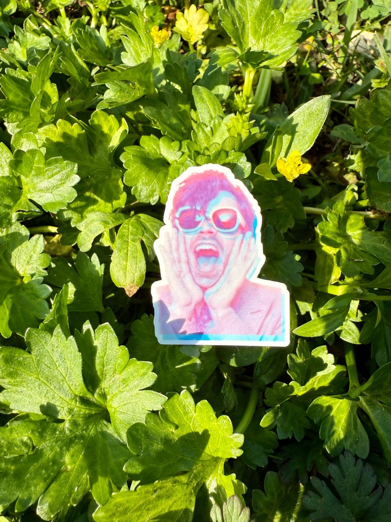 May include: A sticker featuring a colorful illustration of a person wearing sunglasses and with their hands on their cheeks, mouth open in a surprised expression. The sticker has a white border and is set against a background of green foliage.