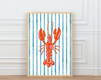 Red Lobster Wall Art | Coastal Nautical Decor | Blue Stripe Beach Poster | Preppy Summer Coastal Wall Art | Printable Digital Download