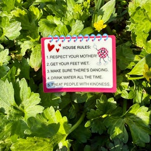 May include: A rectangular sign with a pink border and blue spiral binding, featuring the text "HOUSE RULES:" followed by five rules. The sign is decorated with red hearts and a cartoon character. The background is lush green foliage.