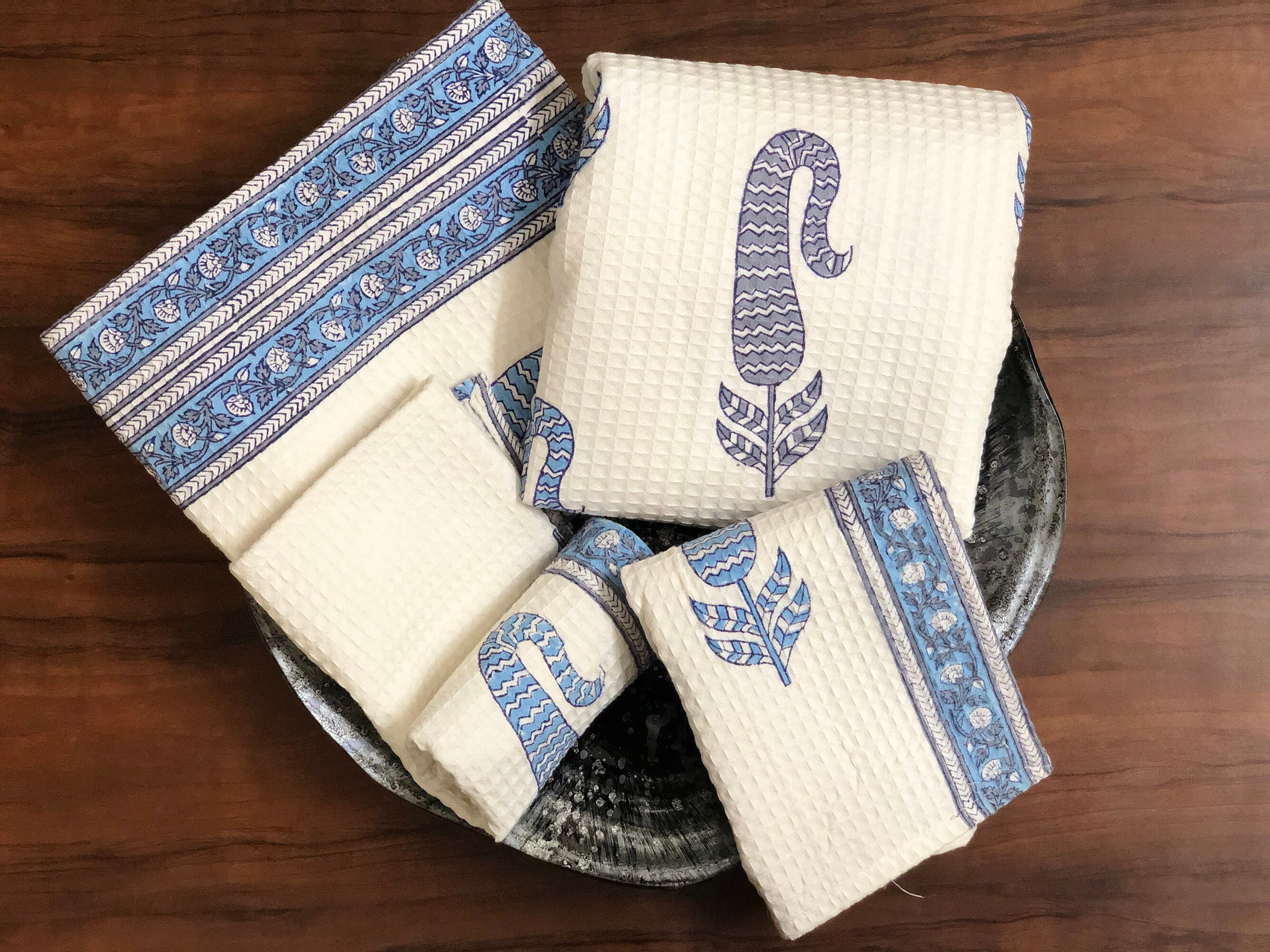 Set of 4 Hand Block Printed Waffle Bath Towels Waffle Weave Etsy