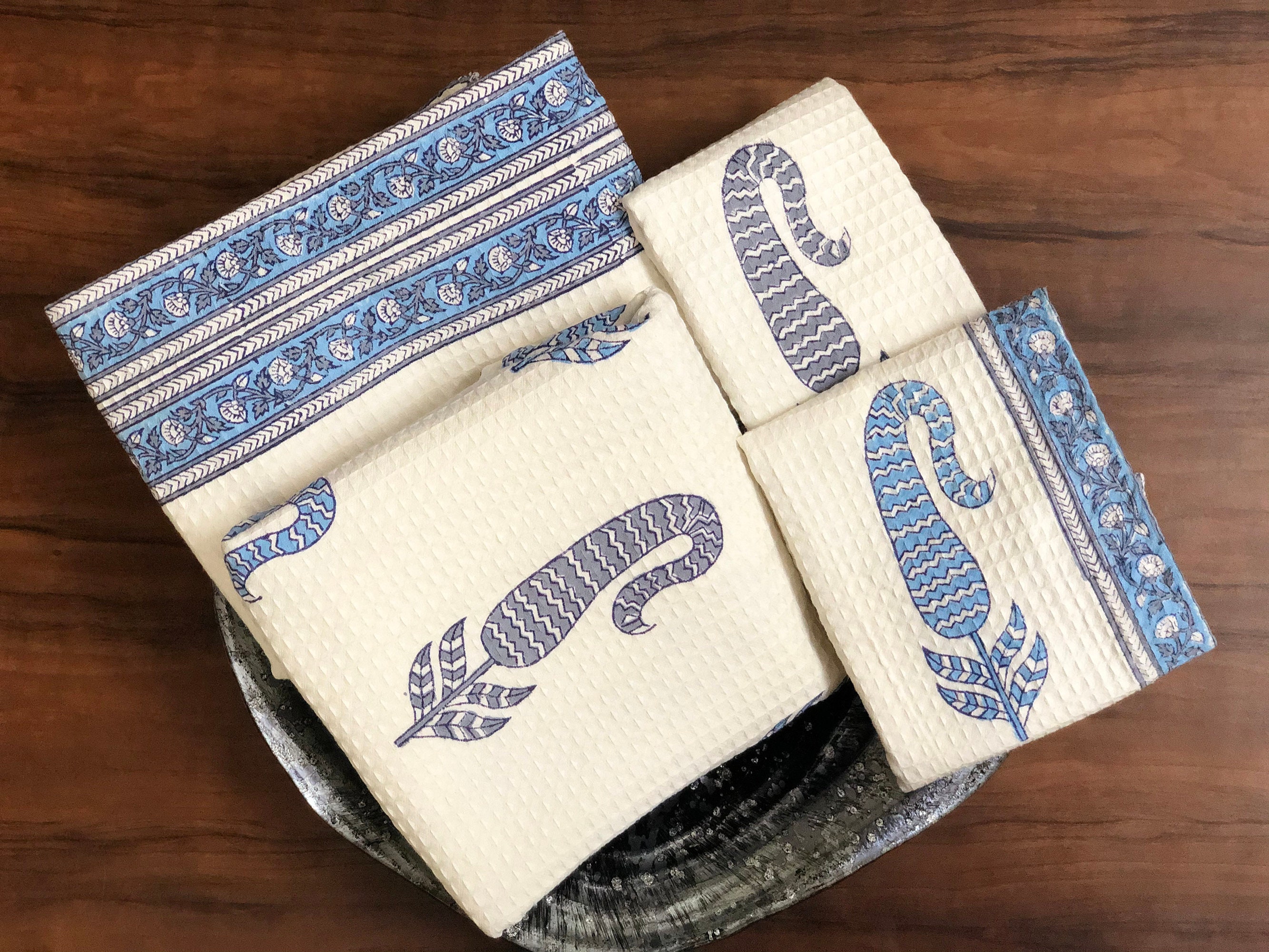Set of 4 Hand Block Printed Waffle Bath Towels Waffle Weave Etsy